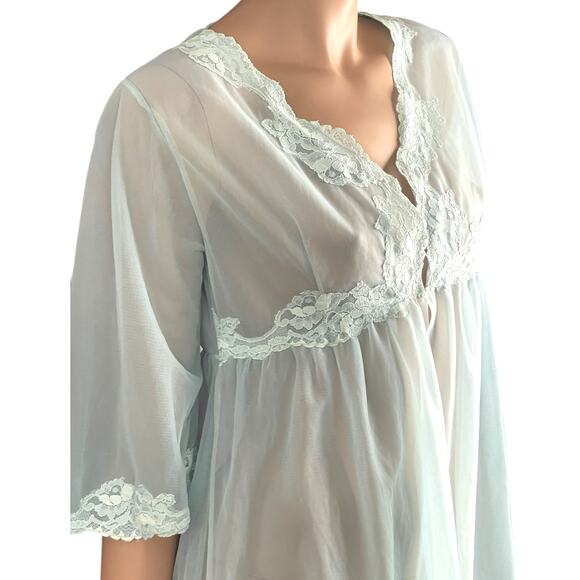 Vintage Blue Chiffon Tulle Lace Robe Double Layer Lingerie - Picture 6 of 9